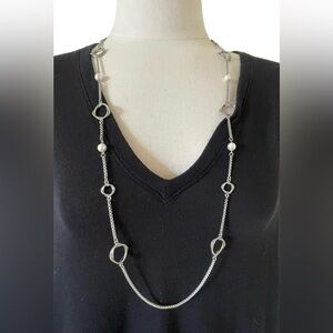 Long Silver Necklace Circle Oval & Pearl Chain Lobster Retro BoHo Soft Girl